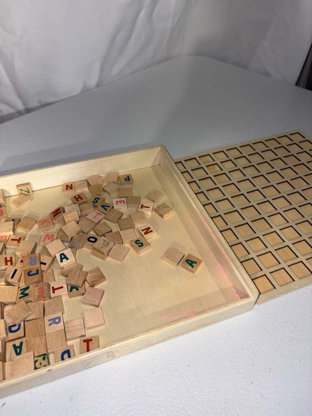 Vintage Wooden Letter Tile Word Game with Sorting Tray and Grid Board